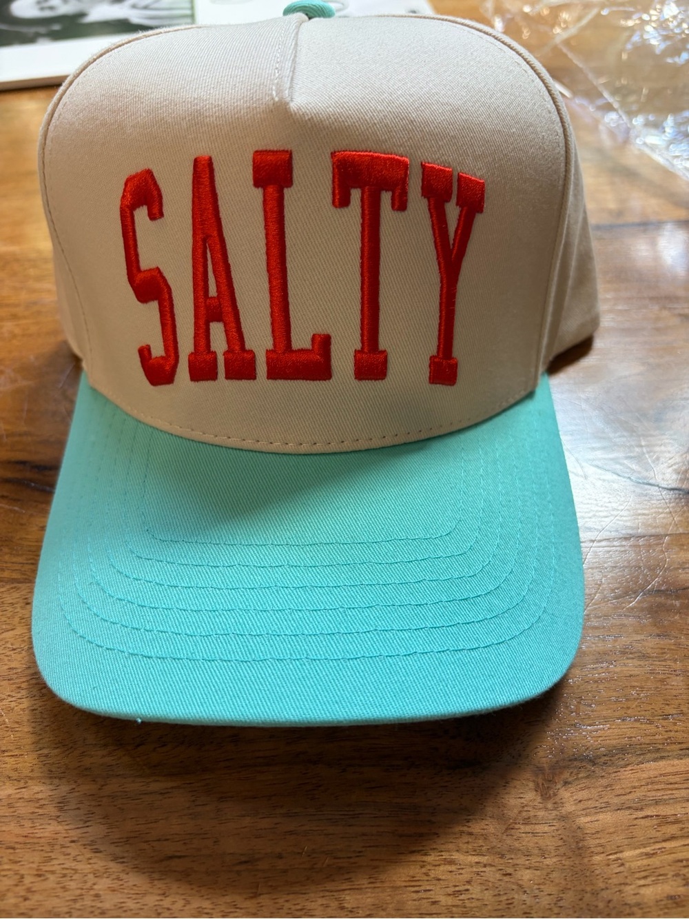 C.C “SALTY' Cap - Beige Crown with Mint Brim and Red Embroidery